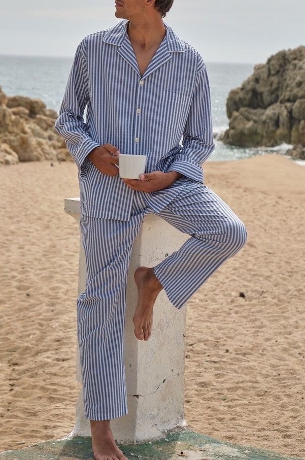 Classic men’s pajamas with blue and white stripes