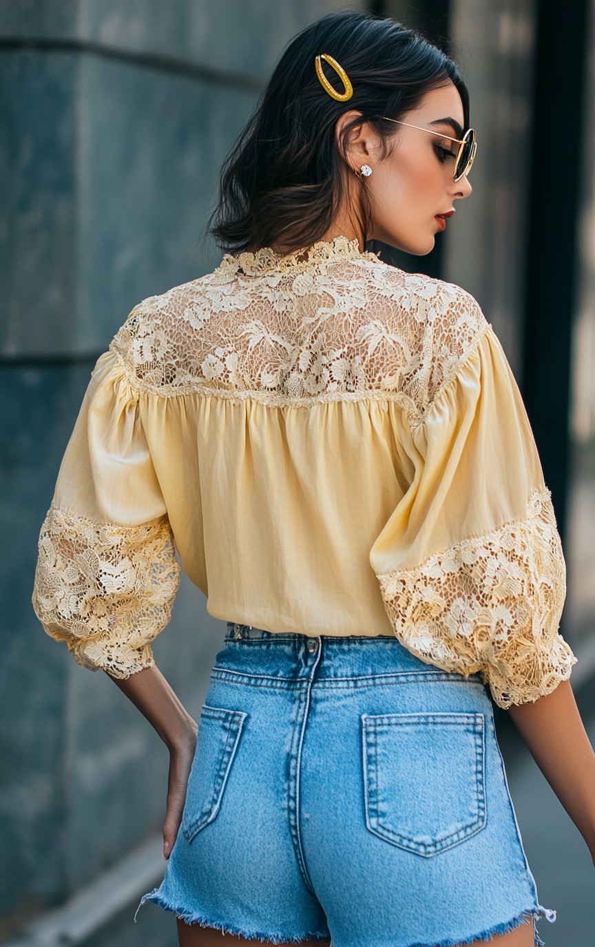 yellow lace blouse blue jeans shorts